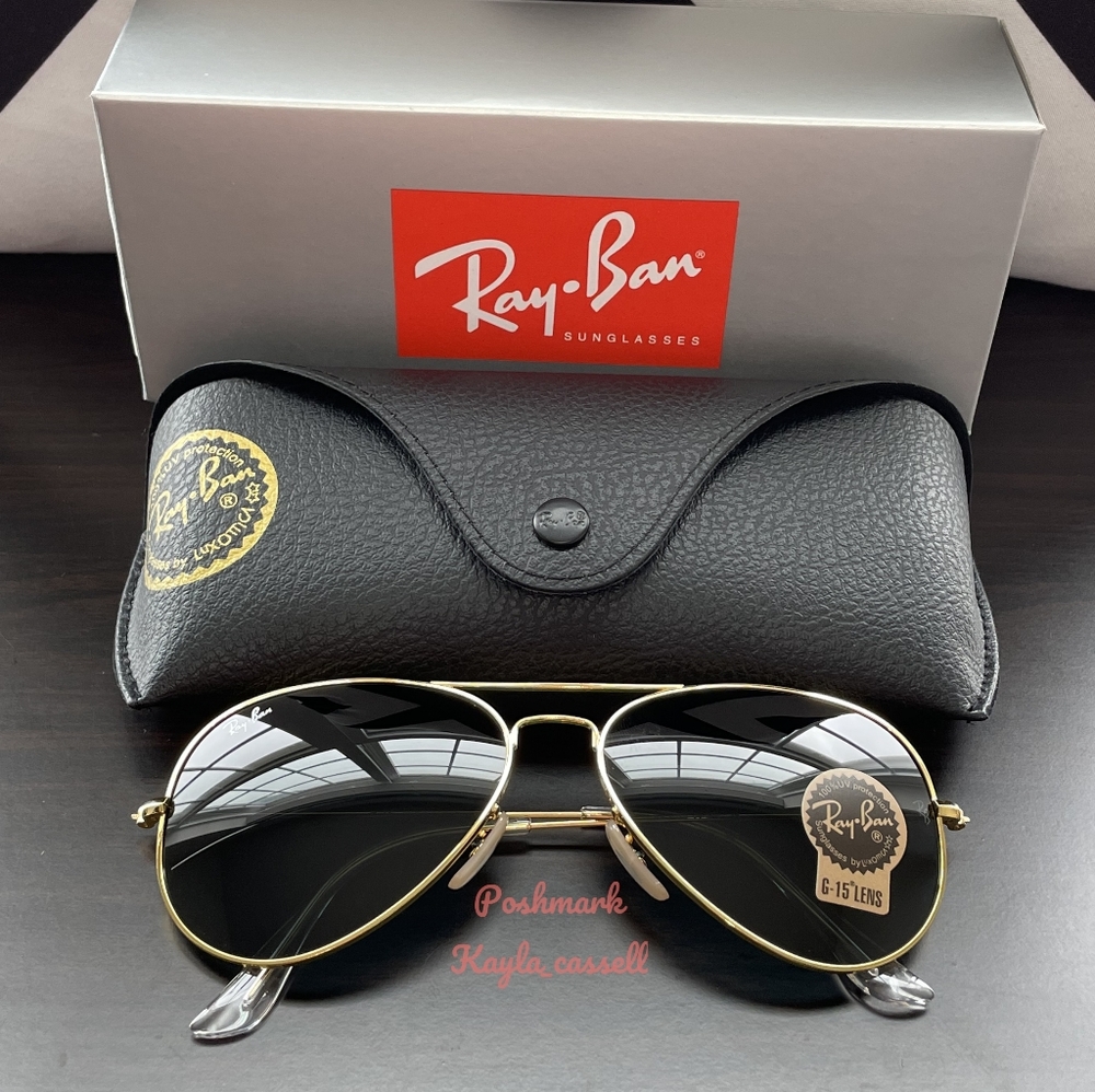 Ray-Ban Aviator Black Lenses RB3025 Gold Frame New - Picture 3 of 17